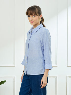 Latin Quarters Women's Blue 3/4th Sleeves Collar Neck Casual Solid Shirt