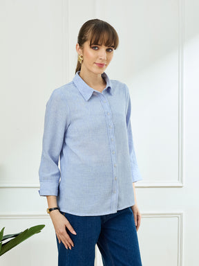 Latin Quarters Women's Blue 3/4th Sleeves Collar Neck Casual Solid Shirt