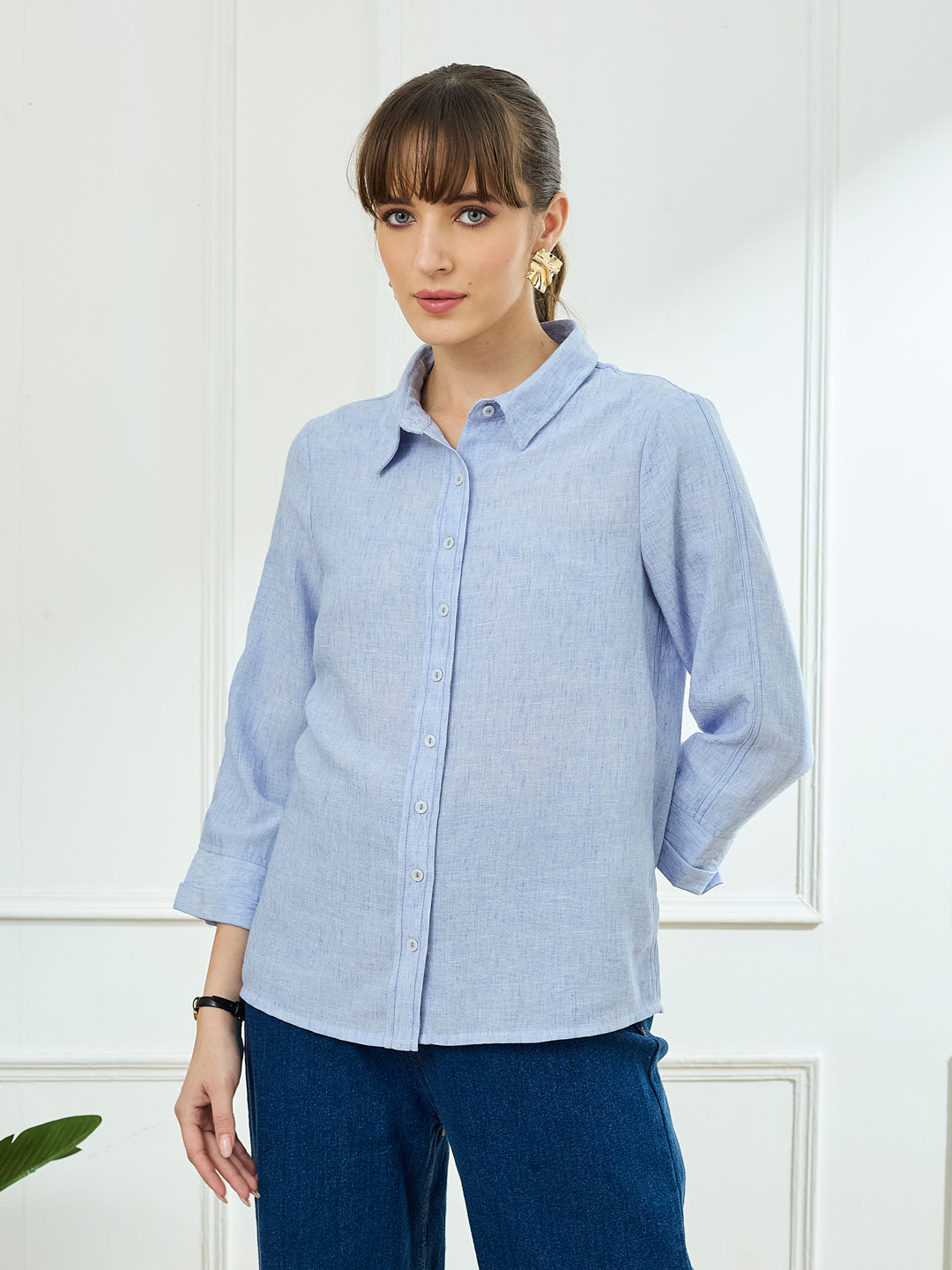 Latin Quarters Women's Blue 3/4th Sleeves Collar Neck Casual Solid Shirt