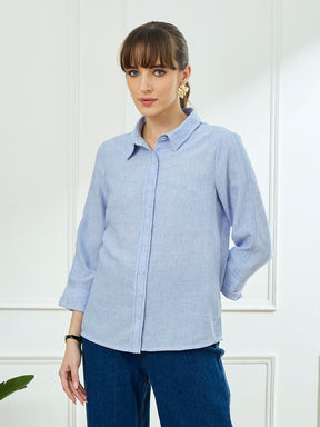 Latin Quarters Women's Blue 3/4th Sleeves Collar Neck Casual Solid Shirt