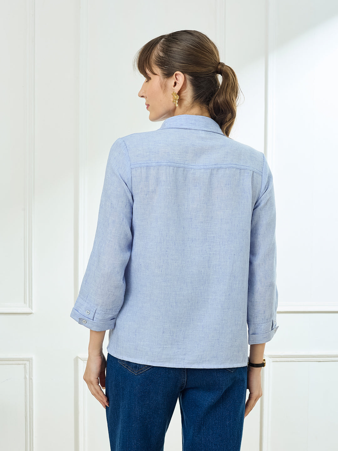 Latin Quarters Women's Blue 3/4th Sleeves Collar Neck Casual Solid Shirt
