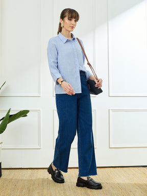Latin Quarters Women's Blue 3/4th Sleeves Collar Neck Casual Solid Shirt