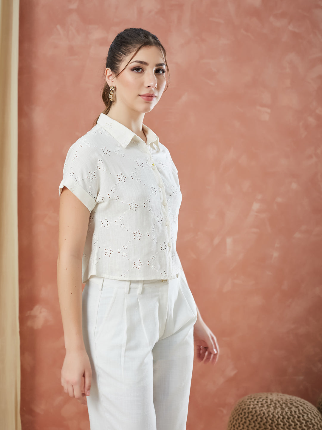 Latin Quarters Women's White Short Sleeves Embroidery Collar Neck Casual Shirt
