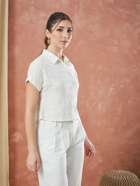 Latin Quarters Women's White Short Sleeves Embroidery Collar Neck Casual Shirt