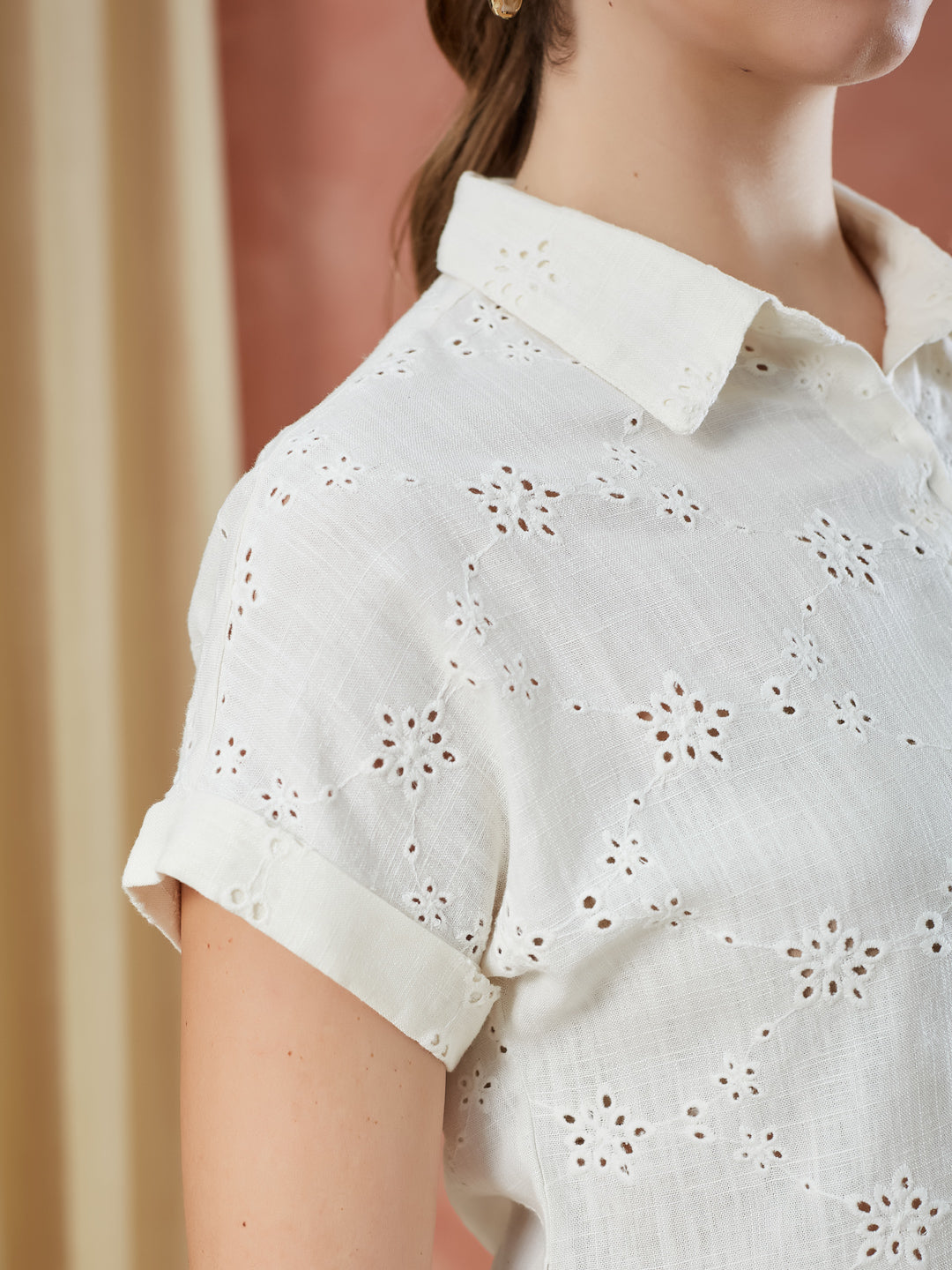 Latin Quarters Women's White Short Sleeves Embroidery Collar Neck Casual Shirt
