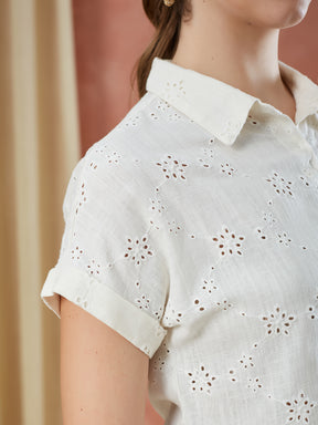 Latin Quarters Women's White Short Sleeves Embroidery Collar Neck Casual Shirt
