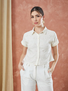 Latin Quarters Women's White Short Sleeves Embroidery Collar Neck Casual Shirt