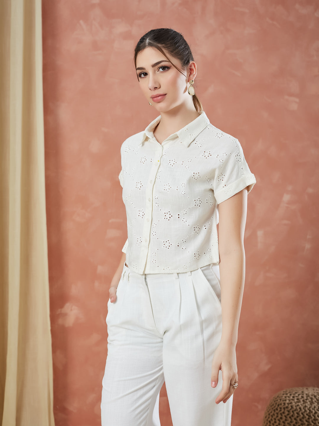 Latin Quarters Women's White Short Sleeves Embroidery Collar Neck Casual Shirt