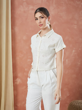 Latin Quarters Women's White Short Sleeves Embroidery Collar Neck Casual Shirt