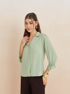 Latin Quarters Women'S Green Collar Neck 3/4Th Sleeves Solid Casual Top