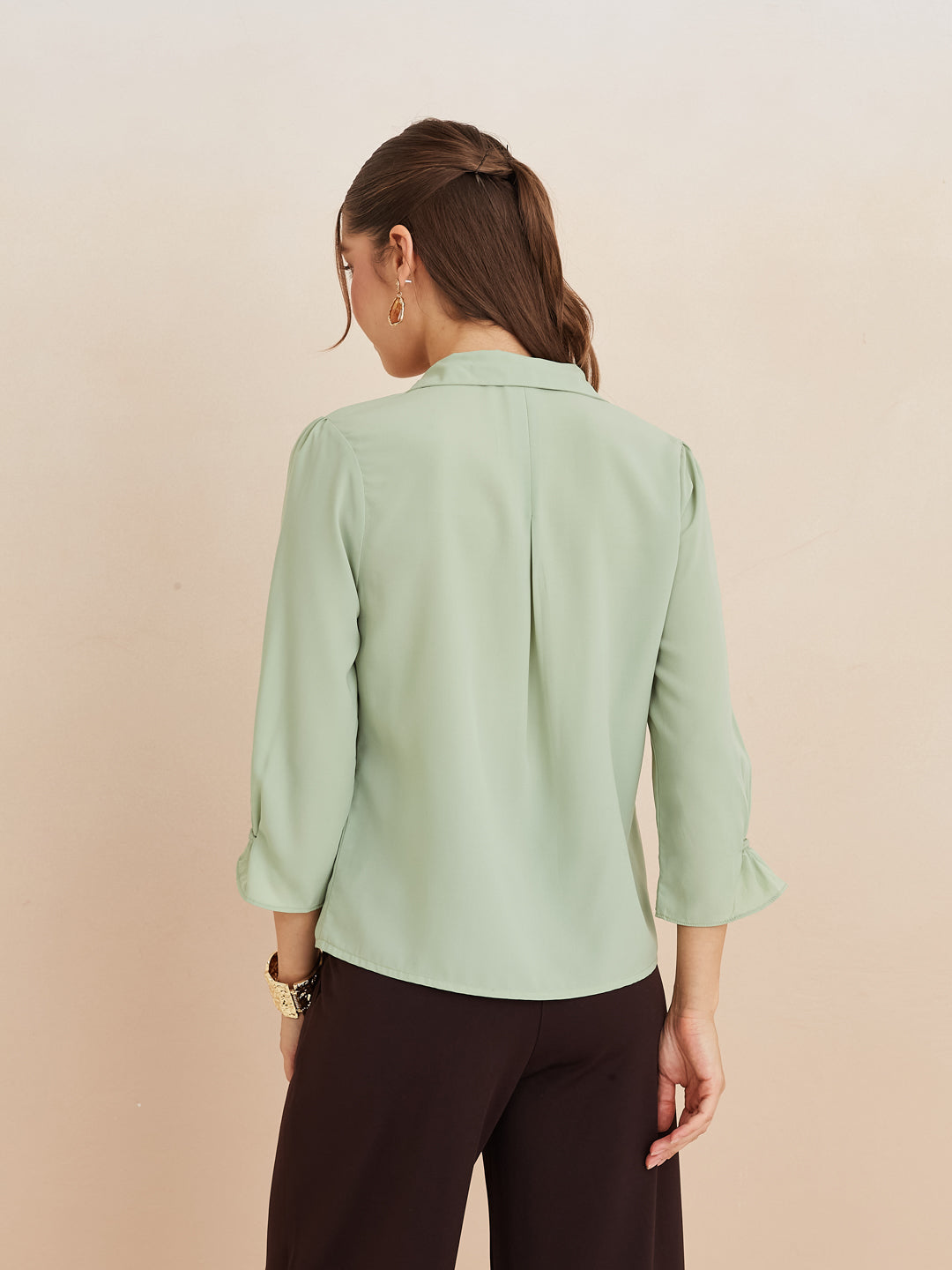 Latin Quarters Women'S Green Collar Neck 3/4Th Sleeves Solid Casual Top