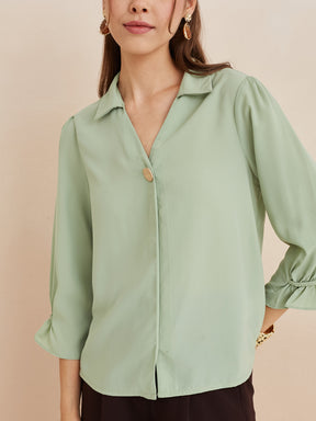 Latin Quarters Women'S Green Collar Neck 3/4Th Sleeves Solid Casual Top