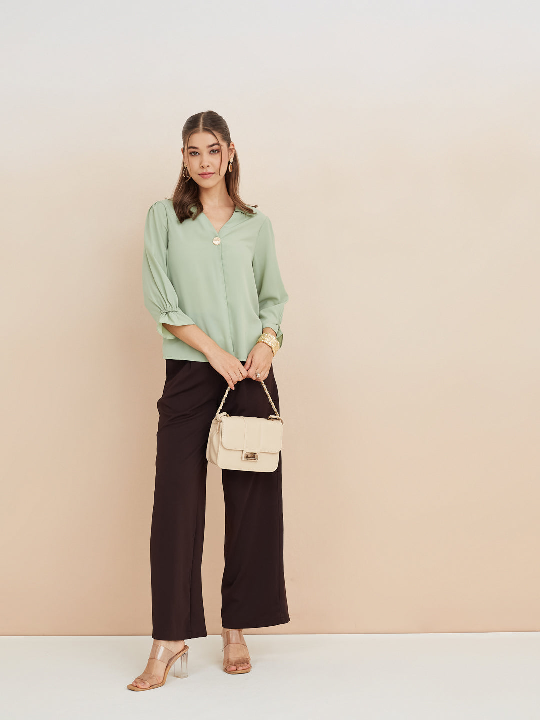 Latin Quarters Women'S Green Collar Neck 3/4Th Sleeves Solid Casual Top