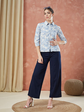 Latin Quarters Women's Blue 3/4Th Sleeves Printed Collared Casual Shirt