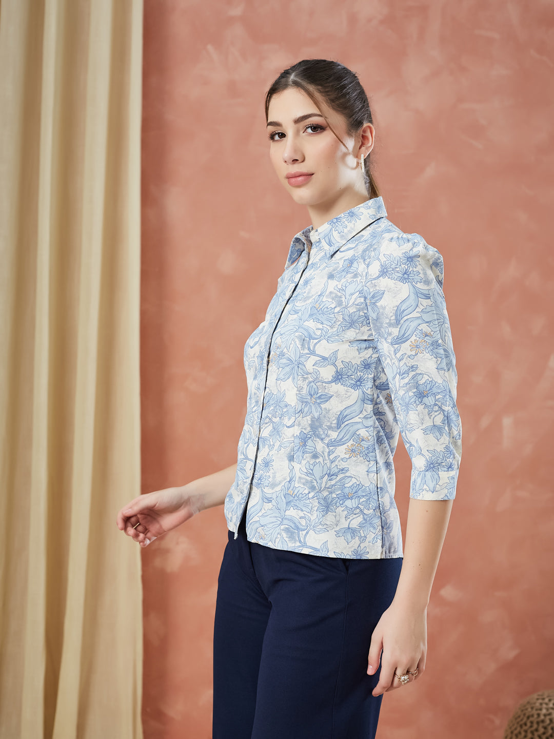 Latin Quarters Women's Blue 3/4Th Sleeves Printed Collared Casual Shirt