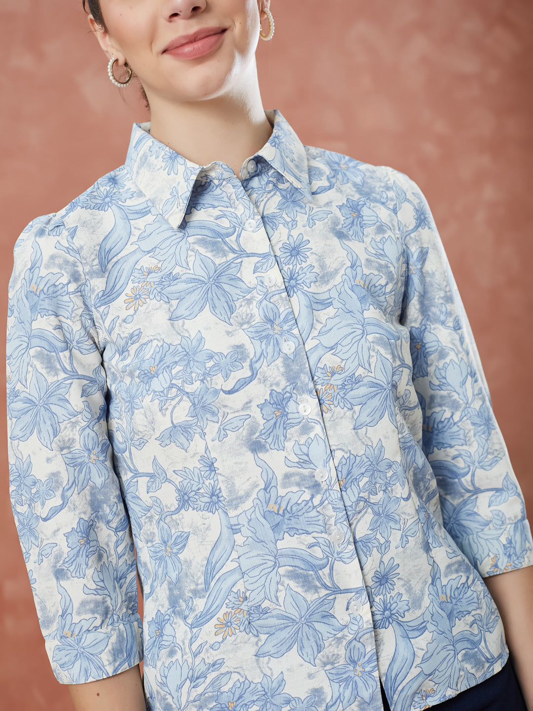 Latin Quarters Women's Blue 3/4Th Sleeves Printed Collared Casual Shirt