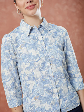 Latin Quarters Women's Blue 3/4Th Sleeves Printed Collared Casual Shirt