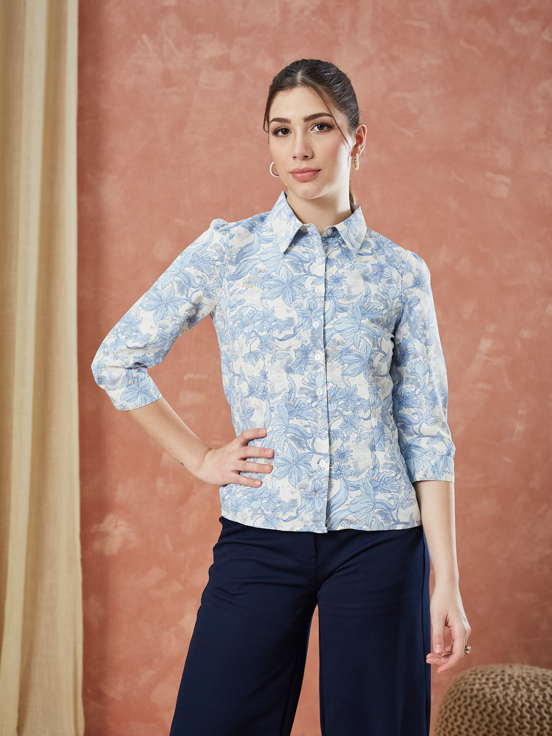 Latin Quarters Women's Blue 3/4Th Sleeves Printed Collared Casual Shirt