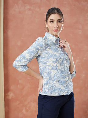 Latin Quarters Women's Blue 3/4Th Sleeves Printed Collared Casual Shirt