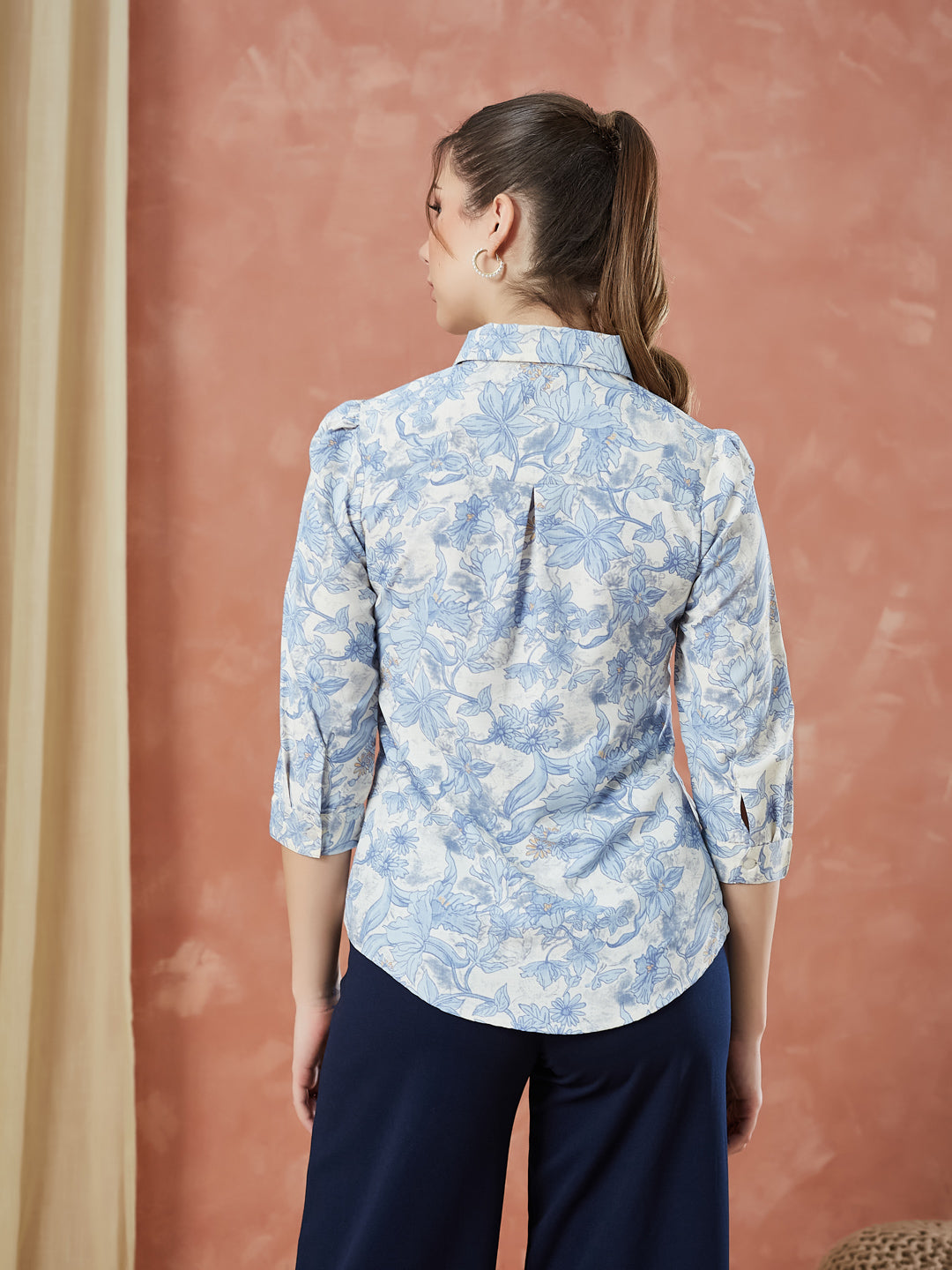 Latin Quarters Women's Blue 3/4Th Sleeves Printed Collared Casual Shirt