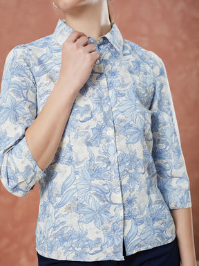 Latin Quarters Women's Blue 3/4Th Sleeves Printed Collared Casual Shirt