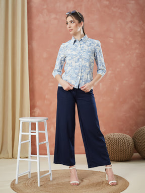 Latin Quarters Women's Blue 3/4Th Sleeves Printed Collared Casual Shirt