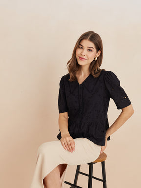 Latin Quarters Women'S Black Collar Neck Half Sleeves Self Design Casual Peplum Top