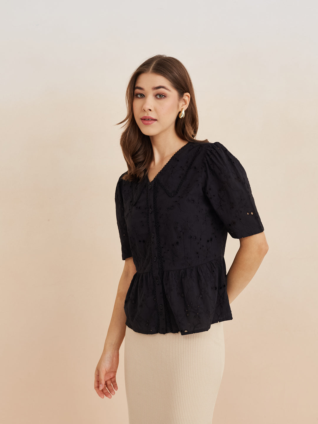 Latin Quarters Women'S Black Collar Neck Half Sleeves Self Design Casual Peplum Top