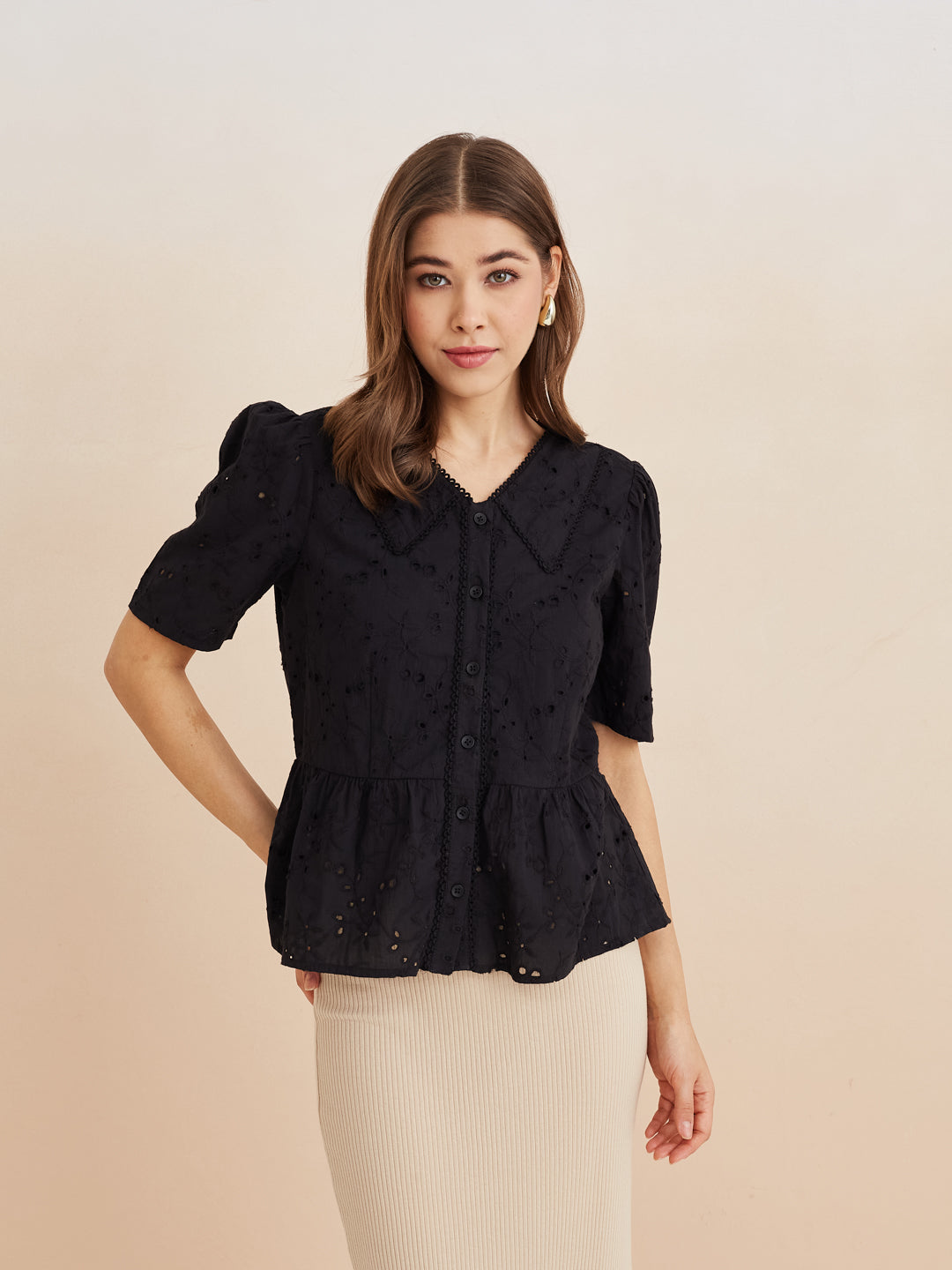 Latin Quarters Women'S Black Collar Neck Half Sleeves Self Design Casual Peplum Top