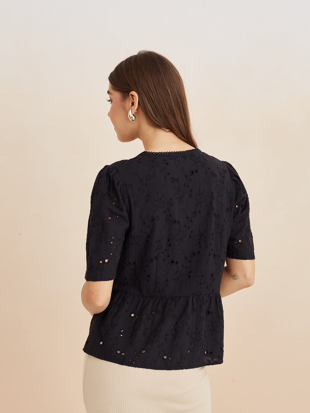 Latin Quarters Women'S Black Collar Neck Half Sleeves Self Design Casual Peplum Top