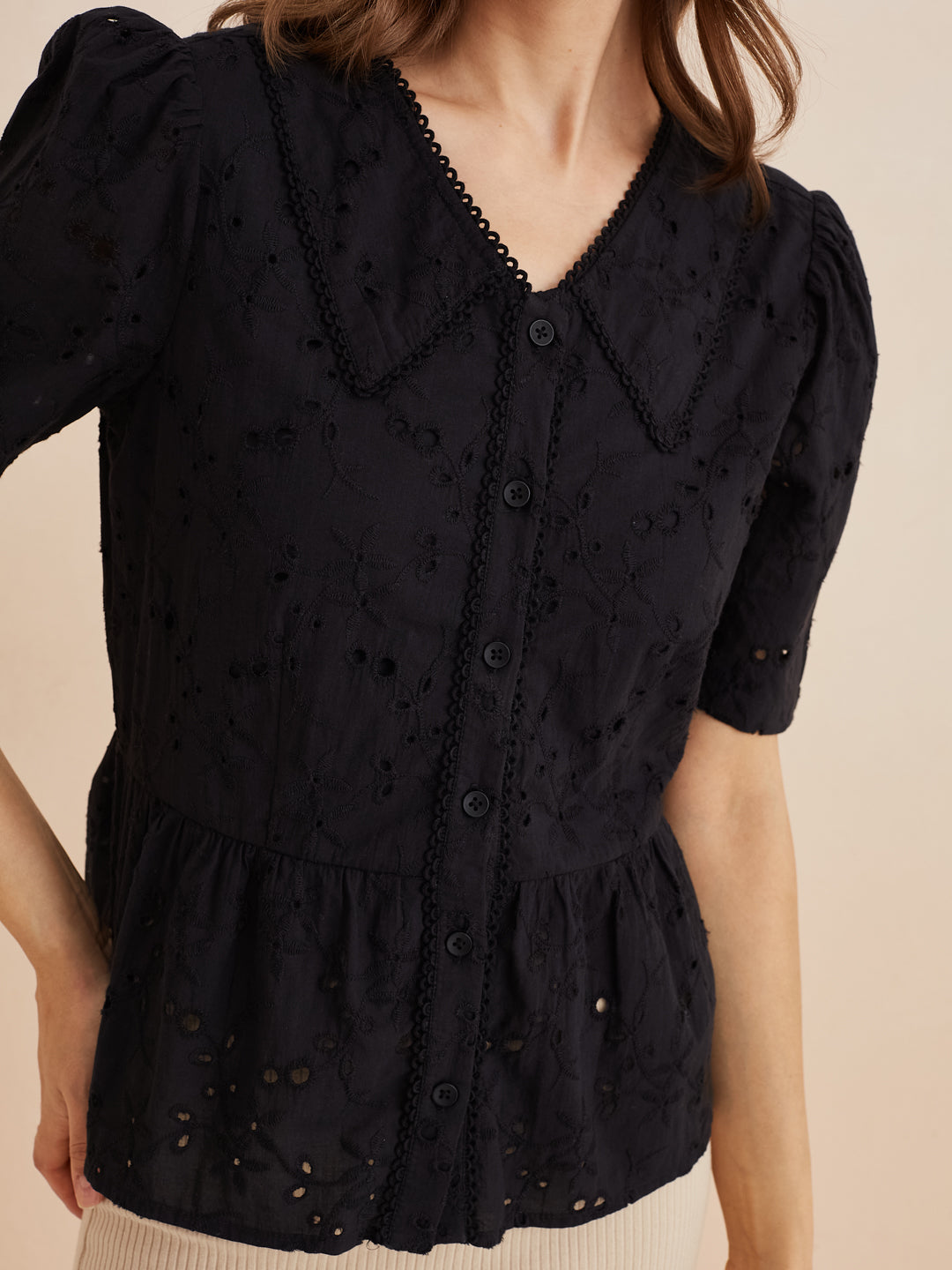 Latin Quarters Women'S Black Collar Neck Half Sleeves Self Design Casual Peplum Top