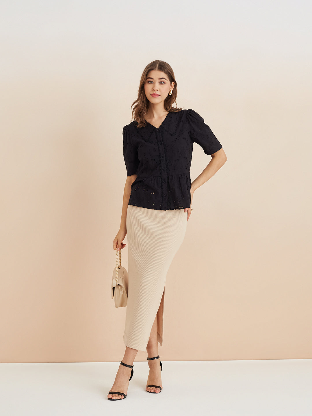 Latin Quarters Women'S Black Collar Neck Half Sleeves Self Design Casual Peplum Top