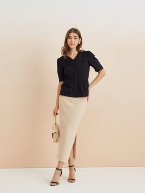 Latin Quarters Women'S Black Collar Neck Half Sleeves Self Design Casual Peplum Top