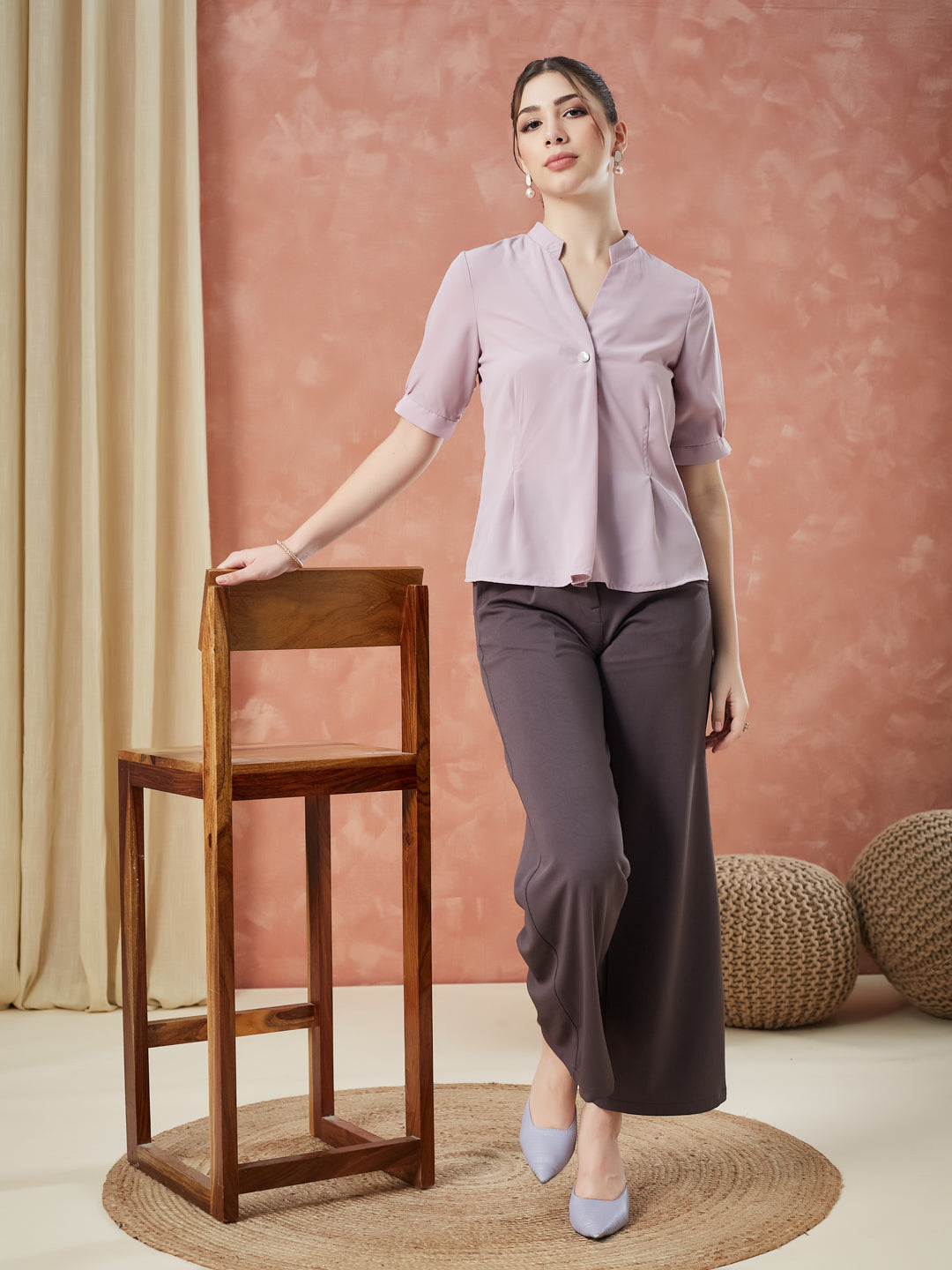 Latin Quarters Women's Pink Half Sleeves Solid Mandarin Neck Formal Top