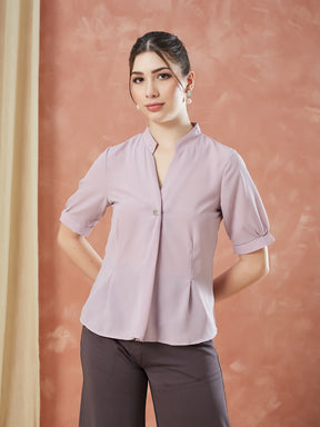 Latin Quarters Women's Pink Half Sleeves Solid Mandarin Neck Formal Top