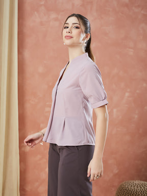 Latin Quarters Women's Pink Half Sleeves Solid Mandarin Neck Formal Top