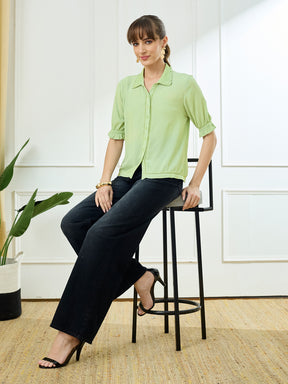 Latin Quarters Women's Green Half Sleeves Collar Neck Casual Solid Shirt