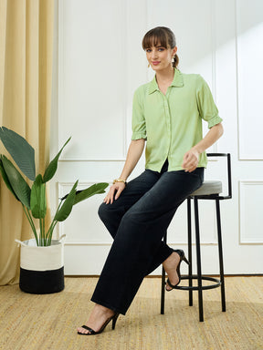 Latin Quarters Women's Green Half Sleeves Collar Neck Casual Solid Shirt