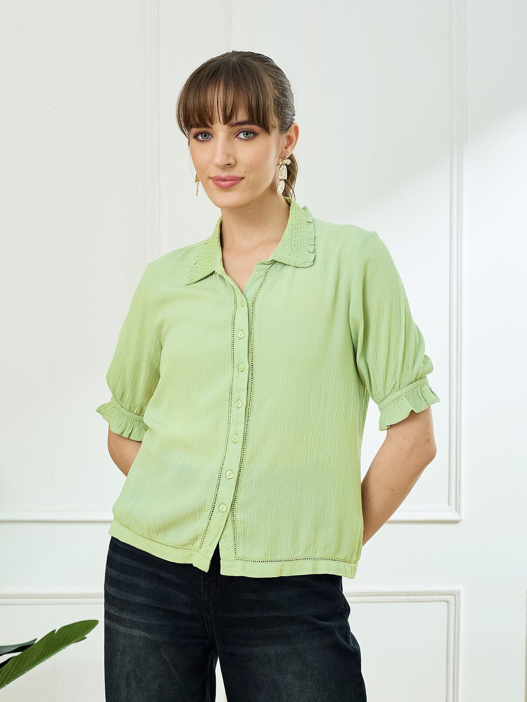Latin Quarters Women's Green Half Sleeves Collar Neck Casual Solid Shirt
