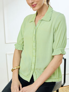 Latin Quarters Women's Green Half Sleeves Collar Neck Casual Solid Shirt