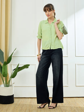 Latin Quarters Women's Green Half Sleeves Collar Neck Casual Solid Shirt