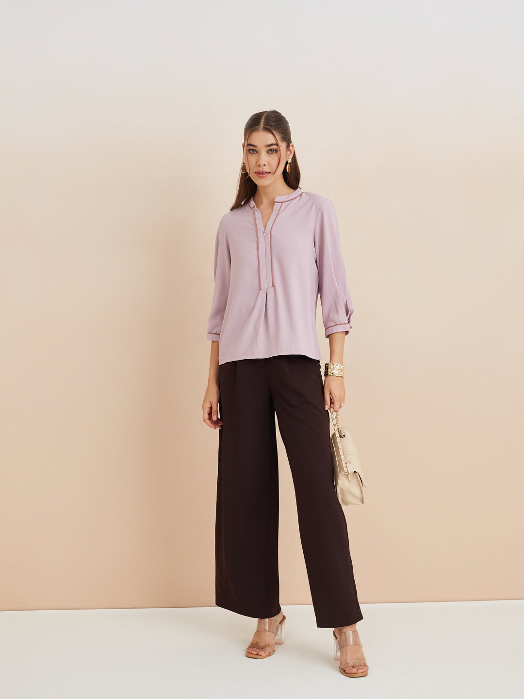 Latin Quarters Women'S Pink Mandarin Neck 3/4Th Sleeves Solid Casual Top