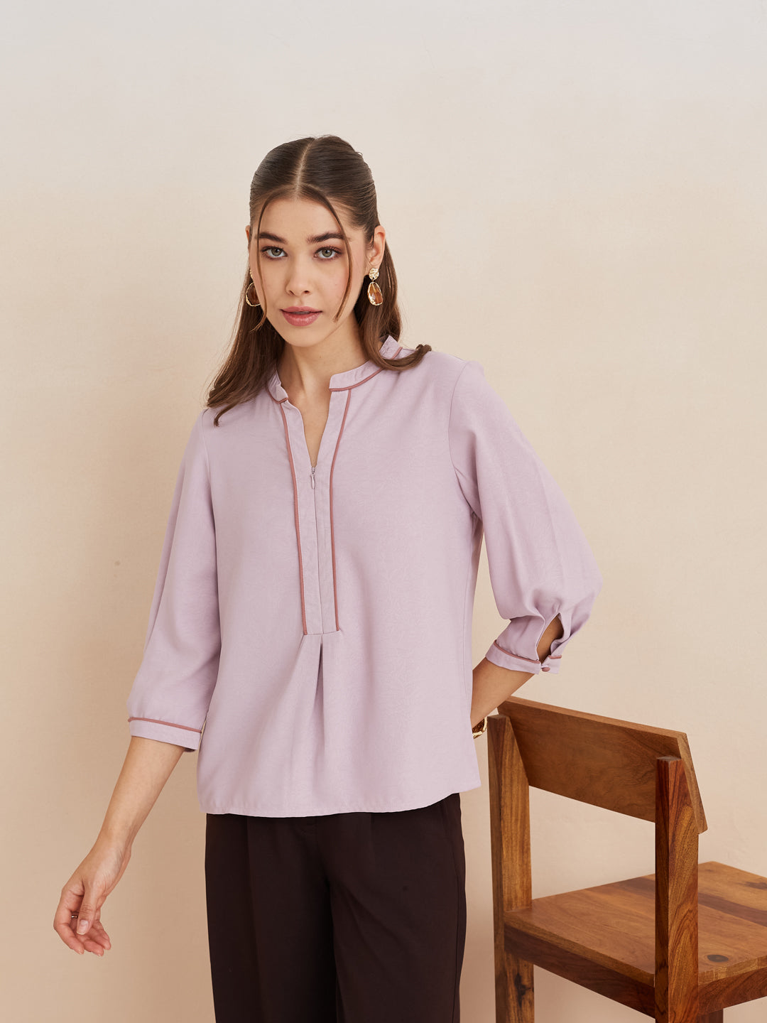 Latin Quarters Women'S Pink Mandarin Neck 3/4Th Sleeves Solid Casual Top