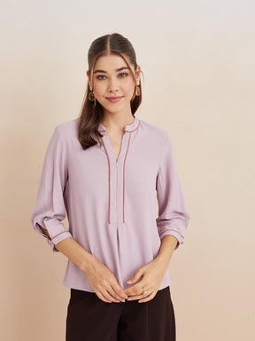 Latin Quarters Women'S Pink Mandarin Neck 3/4Th Sleeves Solid Casual Top