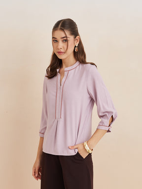 Latin Quarters Women'S Pink Mandarin Neck 3/4Th Sleeves Solid Casual Top