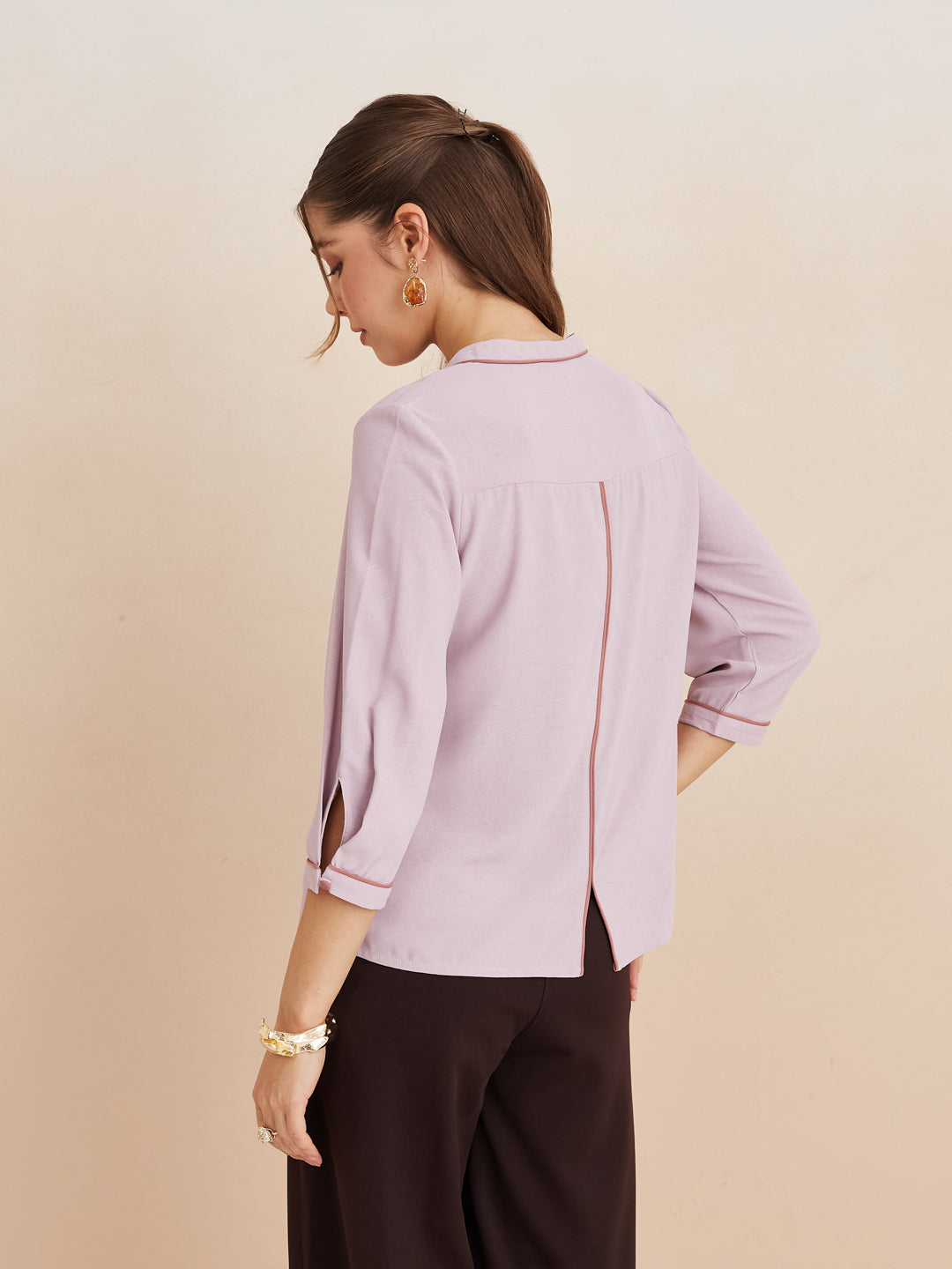 Latin Quarters Women'S Pink Mandarin Neck 3/4Th Sleeves Solid Casual Top