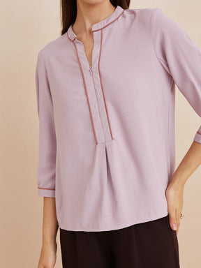 Latin Quarters Women'S Pink Mandarin Neck 3/4Th Sleeves Solid Casual Top