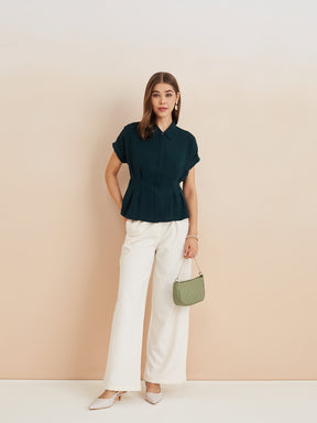 Latin Quarters Women'S Green Collar Neck Short Sleeves Solid Casual Top