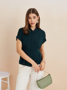 Latin Quarters Women'S Green Collar Neck Short Sleeves Solid Casual Top