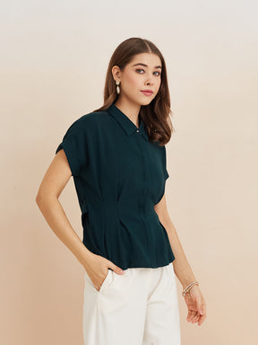 Latin Quarters Women'S Green Collar Neck Short Sleeves Solid Casual Top